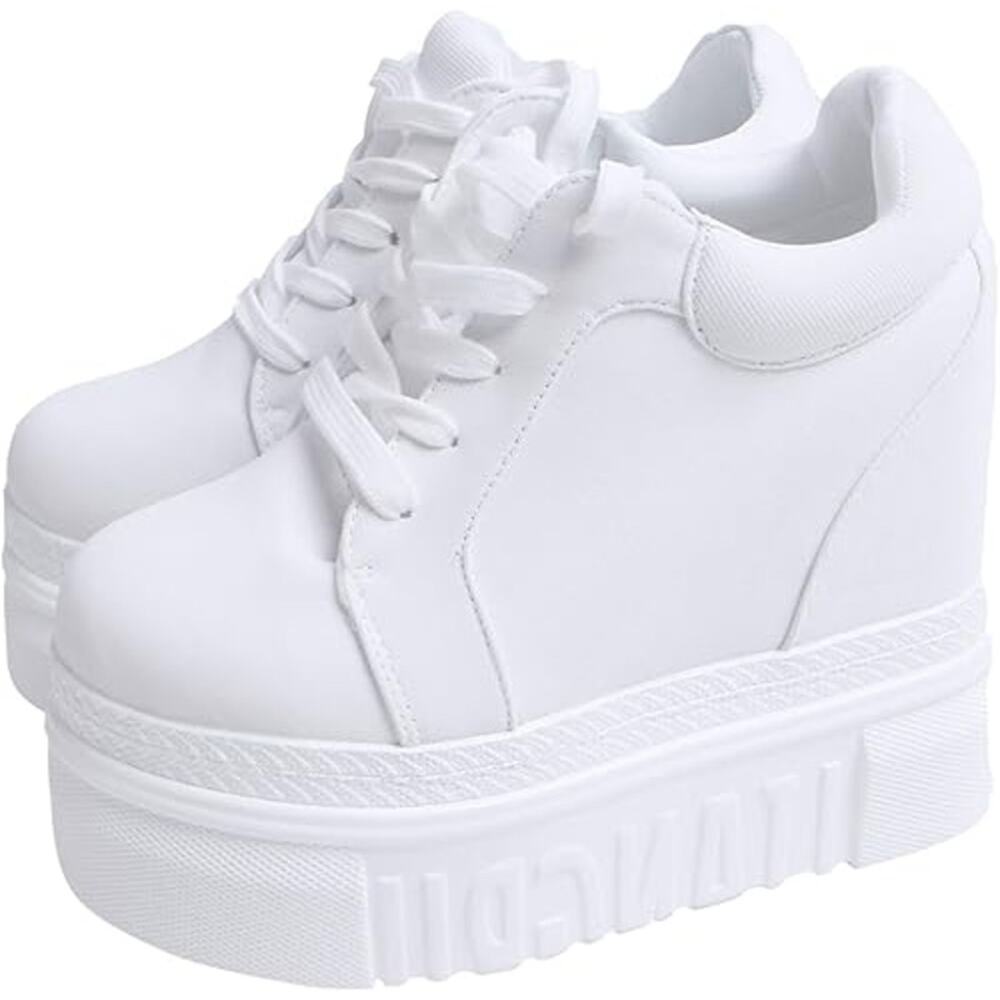 New Ace Shock Womens Size 7.5 White Canvas Hidden 5" Heel Wedge Platform Shoes